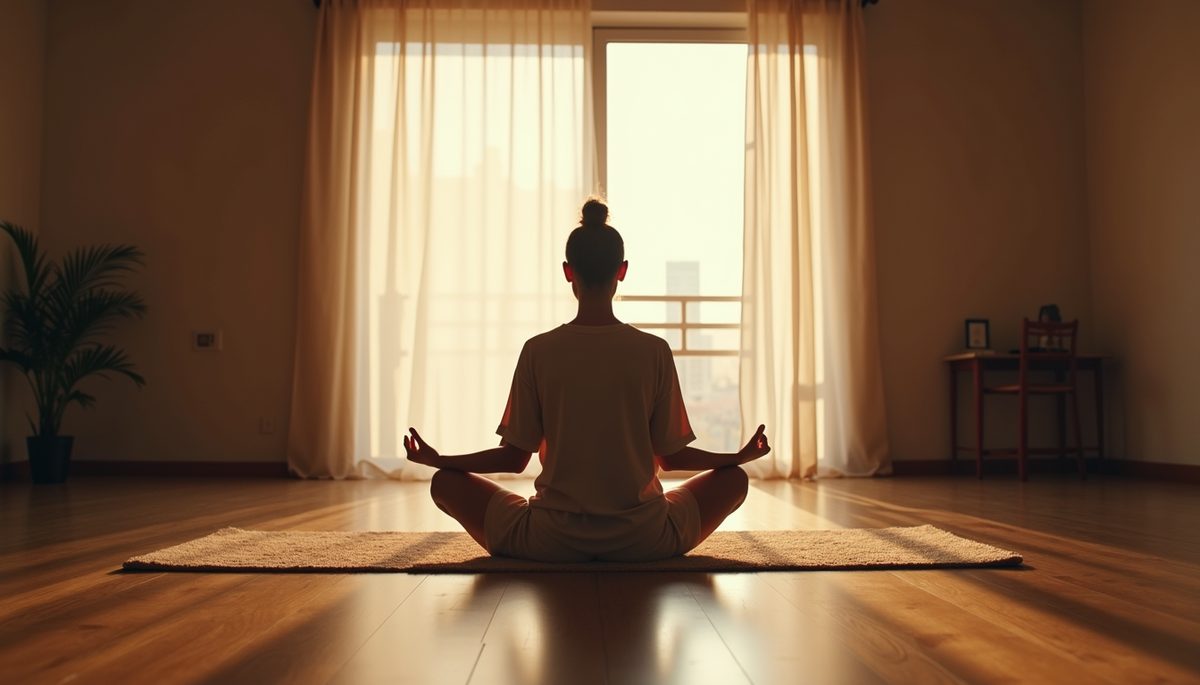 Eye-level view of a person meditating in a quiet room