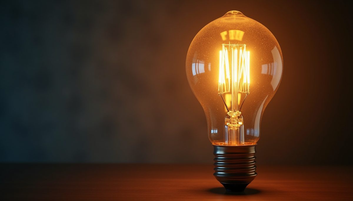 Close-up view of a glowing light bulb symbolizing ideas and energy