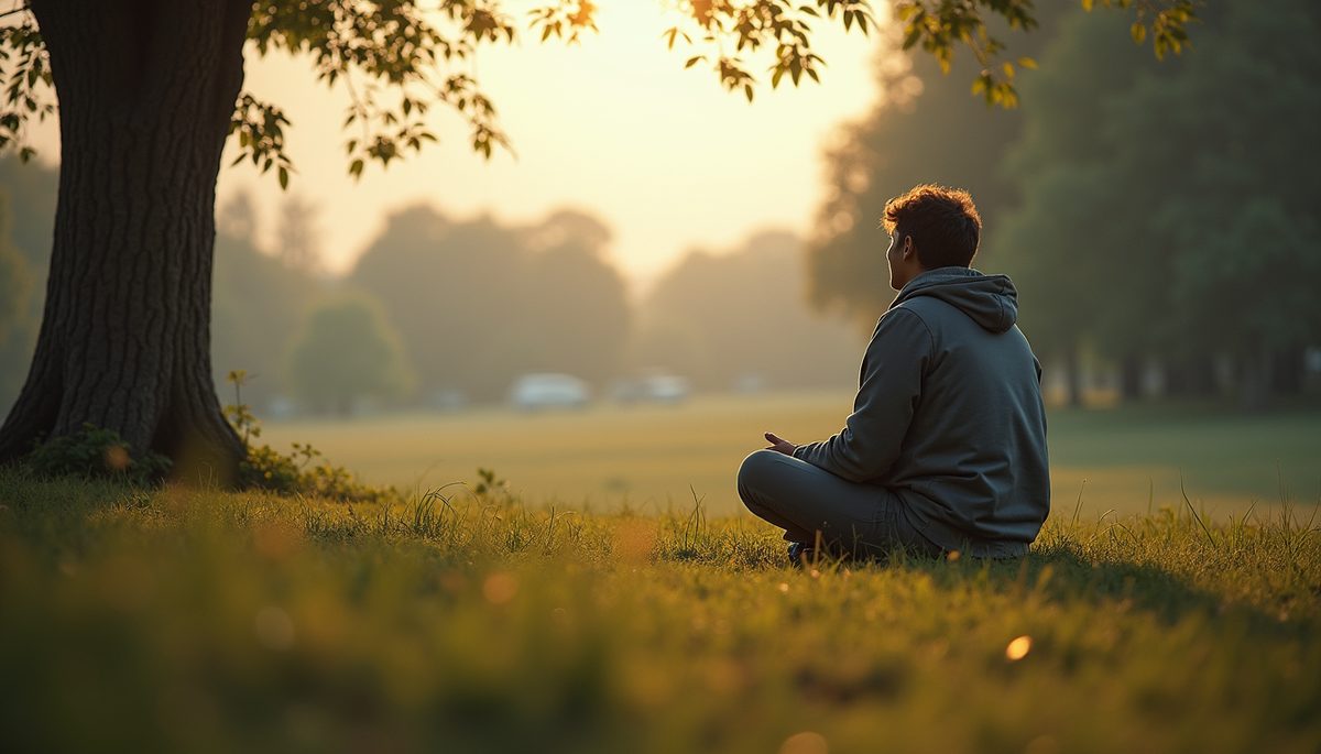 Eye-level view of a person contemplating in a peaceful setting