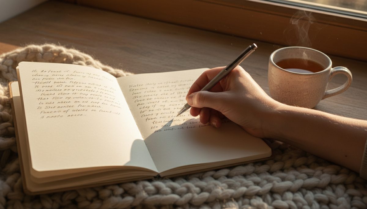 Close-up of a hand writing feelings and intentions in a notebook with a small cup of tea nearby