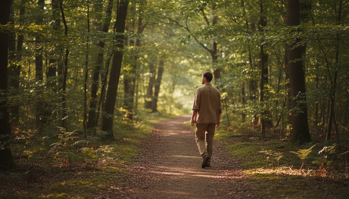 Eye-level view of a person walking alone on a quiet wooded path with sunlight through the trees