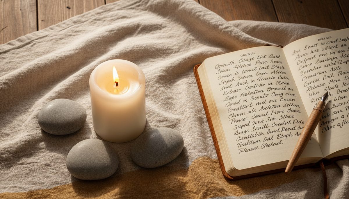 Overhead view of a candle, smooth stones, and an open journal with handwritten intentions