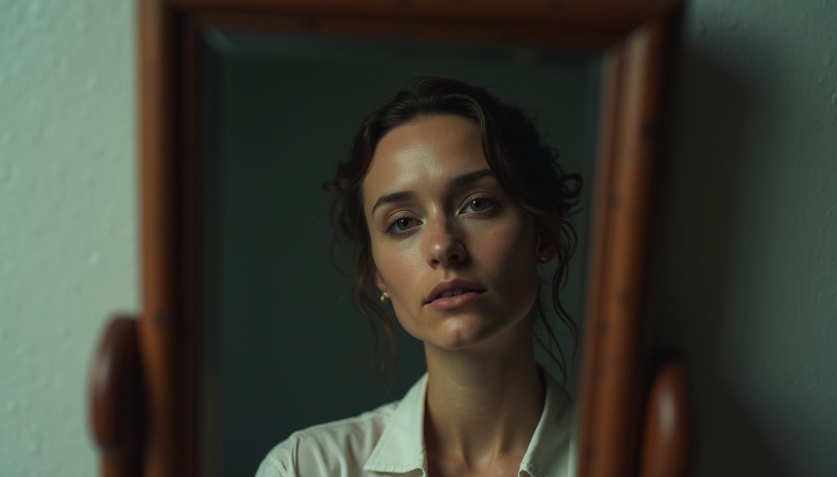 Close-up view of a mirror showing a reflection of a person deep in thought