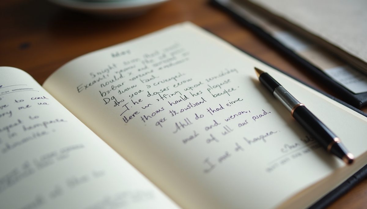 Eye-level view of a journal with handwritten affirmations and a pen