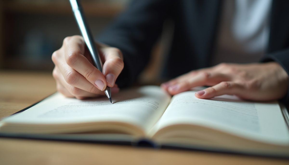 Eye-level view of a person writing goals in a notebook