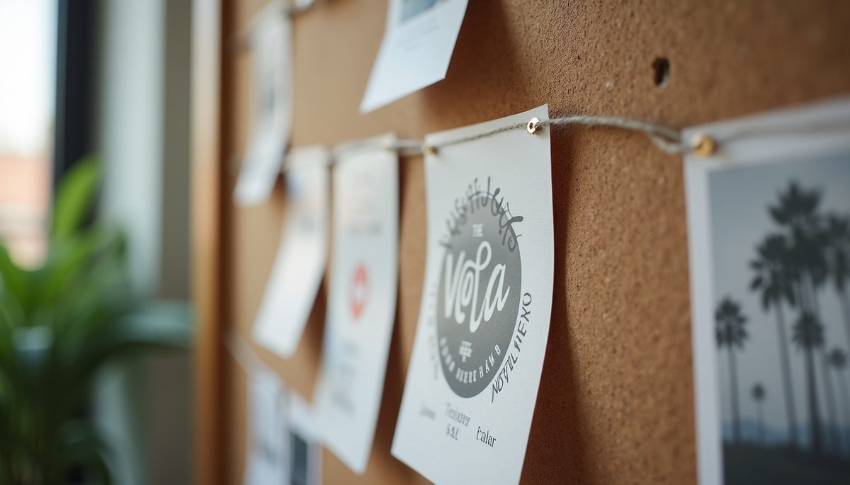 Close-up view of a vision board with inspirational images and words