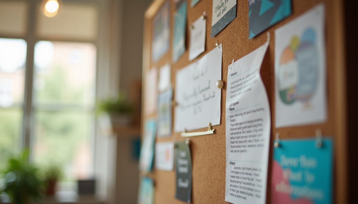 Close-up view of a vision board with colorful images and motivational quotes
