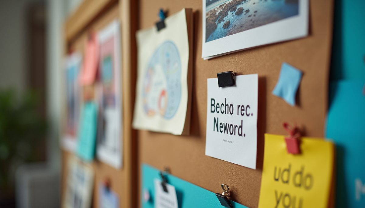 Eye-level view of a vision board with colorful images and motivational quotes