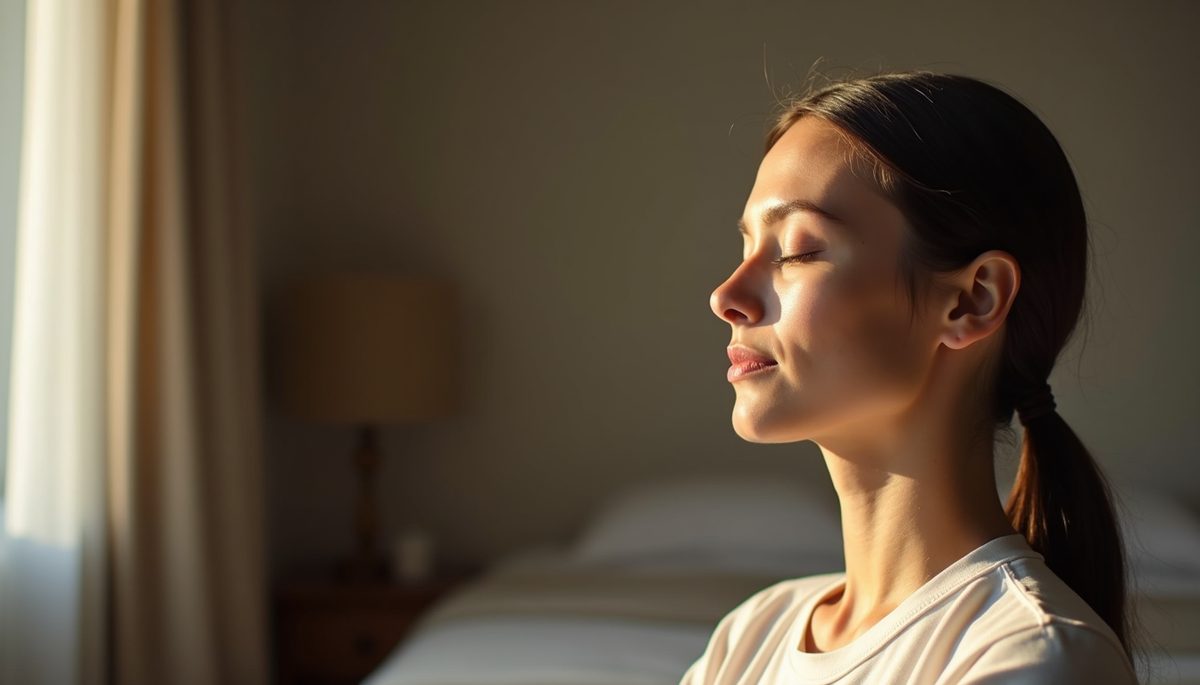 Close-up view of a person meditating with eyes closed in a peaceful room