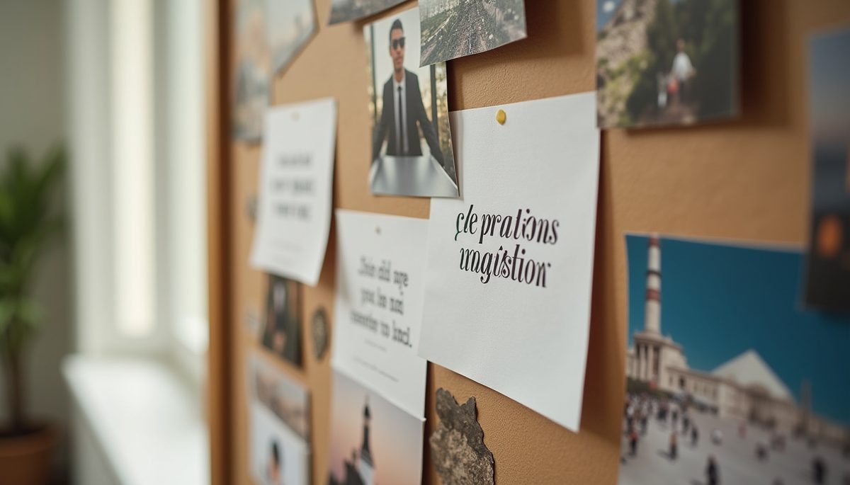 Close-up view of a vision board with images and affirmations