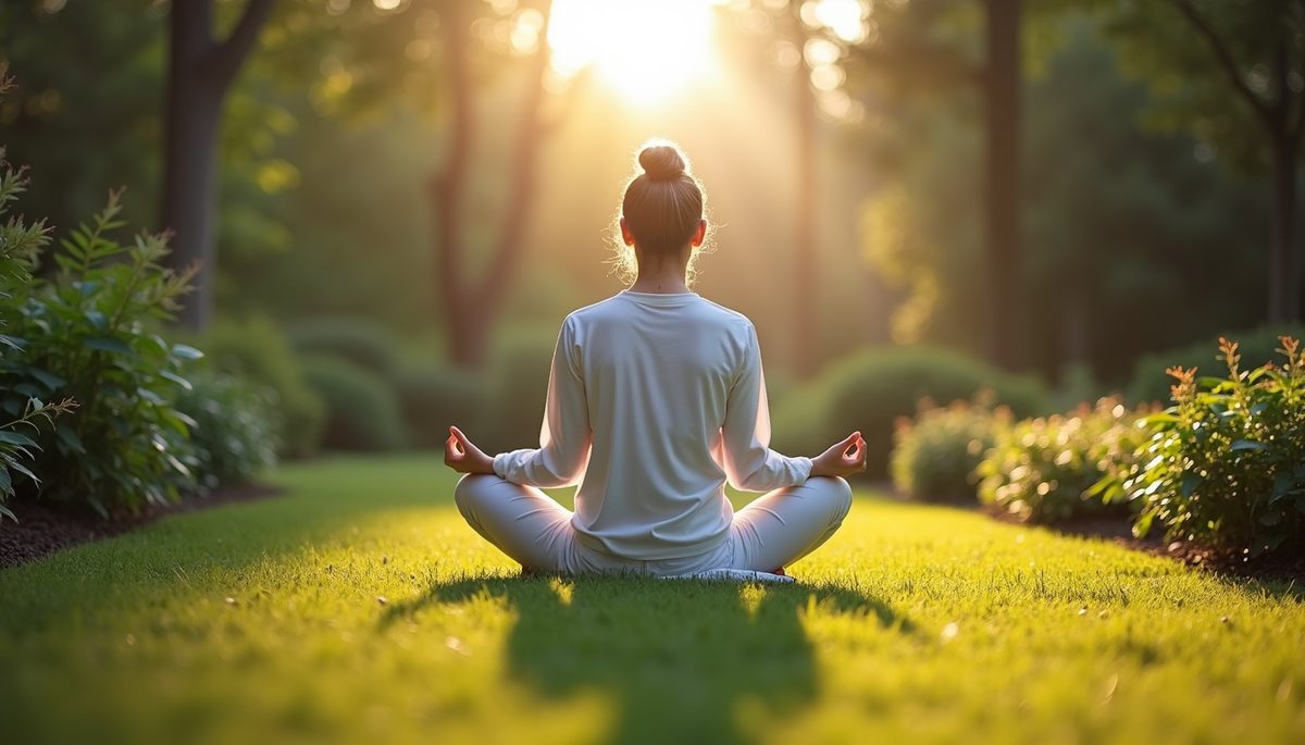 Eye-level view of a person meditating in a peaceful garden