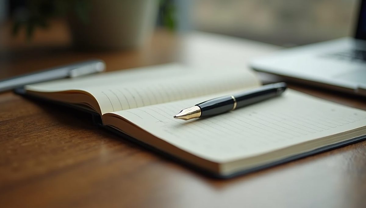Eye-level view of a journal and pen on a wooden desk