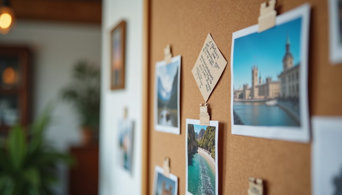 Close-up view of a vision board with pictures and motivational quotes