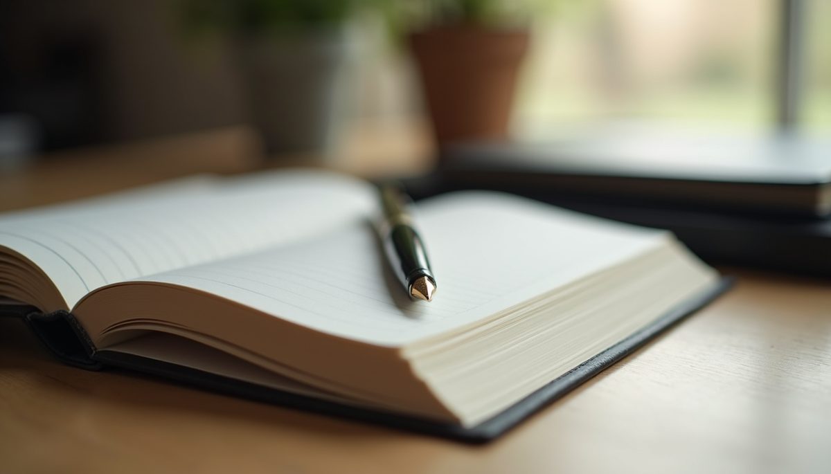 Eye-level view of a journal and pen on a wooden desk