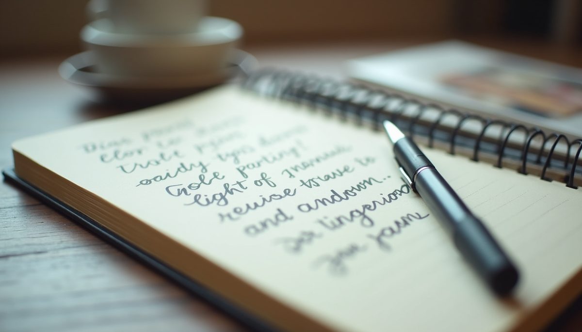 Eye-level view of a journal with handwritten goals and a pen