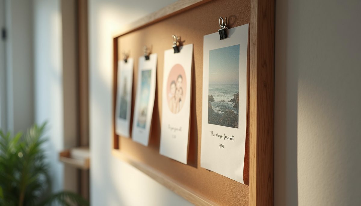 Close-up view of a vision board with pictures and motivational quotes