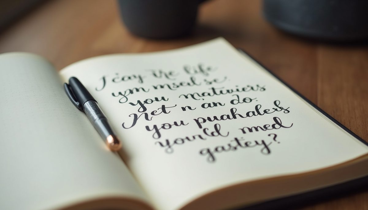 Eye-level view of a journal with handwritten affirmations and a pen