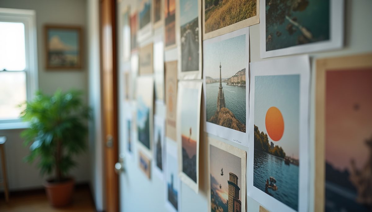 Eye-level view of a vision board filled with inspiring images and words