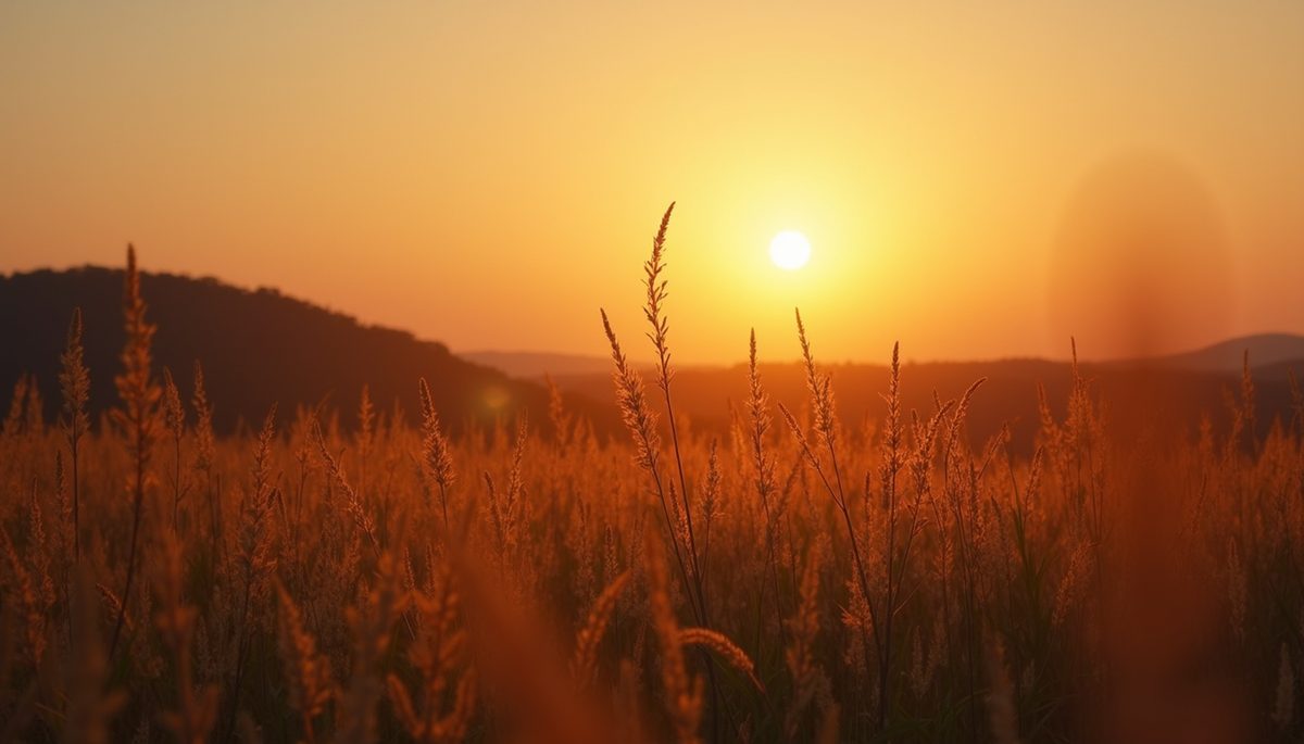 Wide angle view of a serene landscape with a glowing sunset