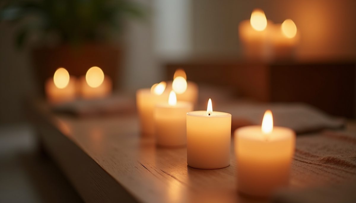 Close-up view of a tranquil meditation space with candles and soft light