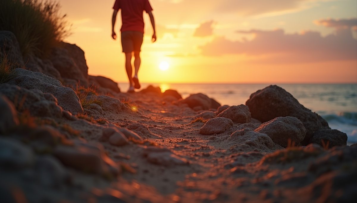 Eye-level view of a person stepping forward on a rocky path toward a sunrise