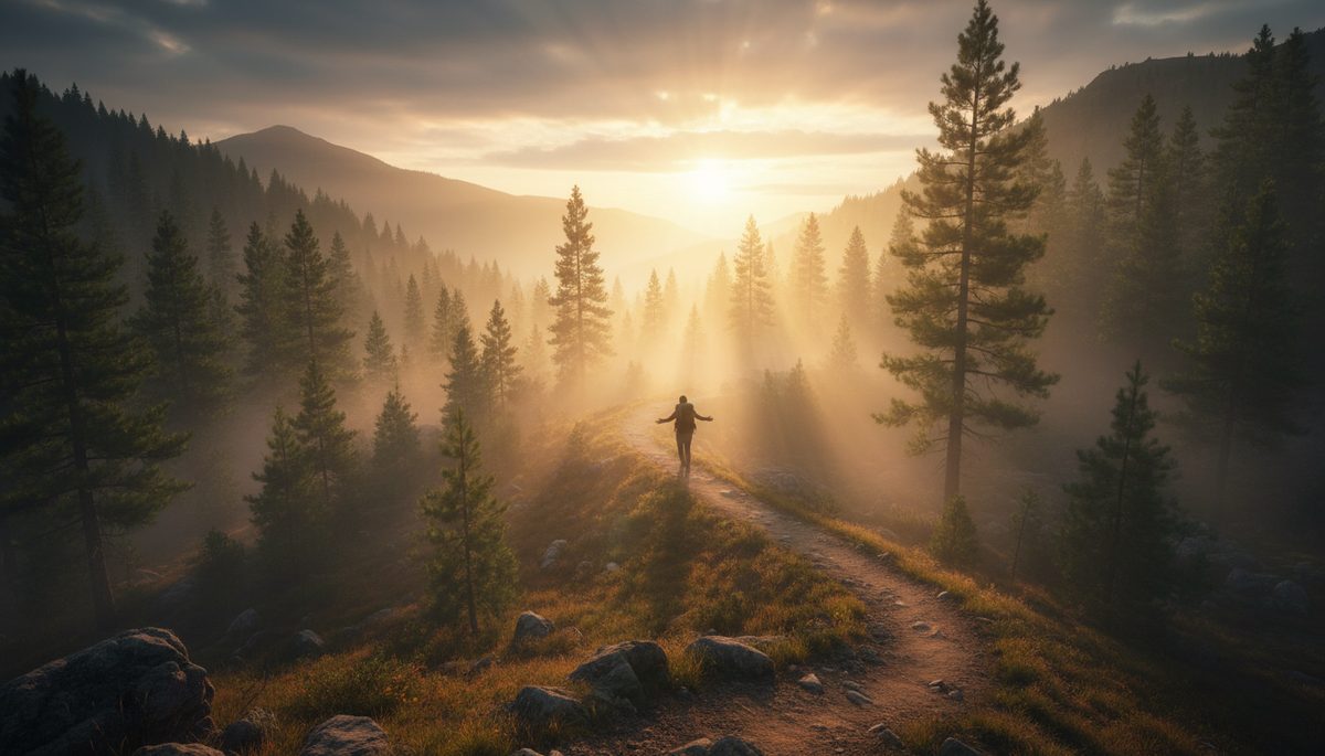 Wide-angle view of a person walking toward a misty sunrise on a winding mountain path