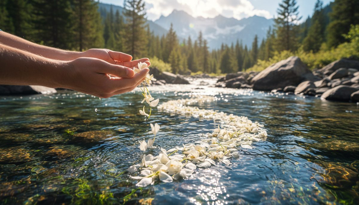 Close-up view of hands releasing white flower petals into a clear stream