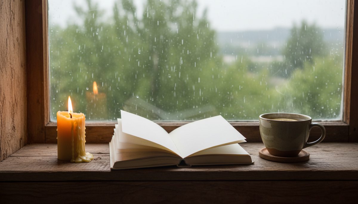 Eye-level view of a journal, candle, and cup of tea on a wooden windowsill beside falling rain