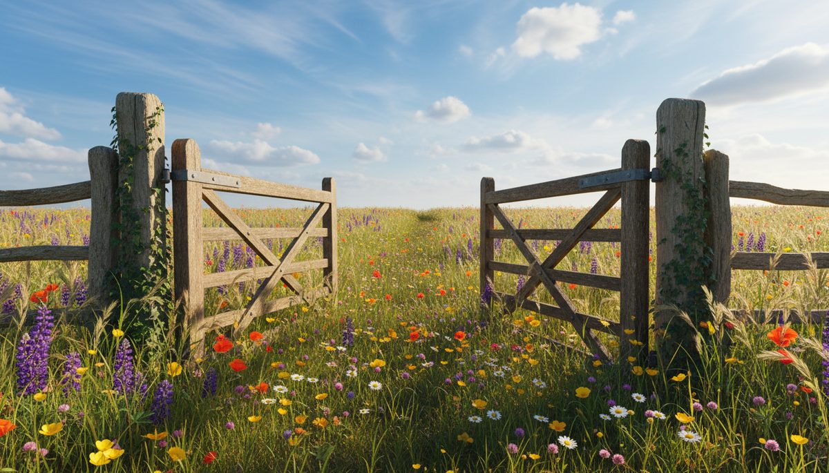 Low-angle view of an open wooden gate leading into a wildflower meadow under a bright sky
