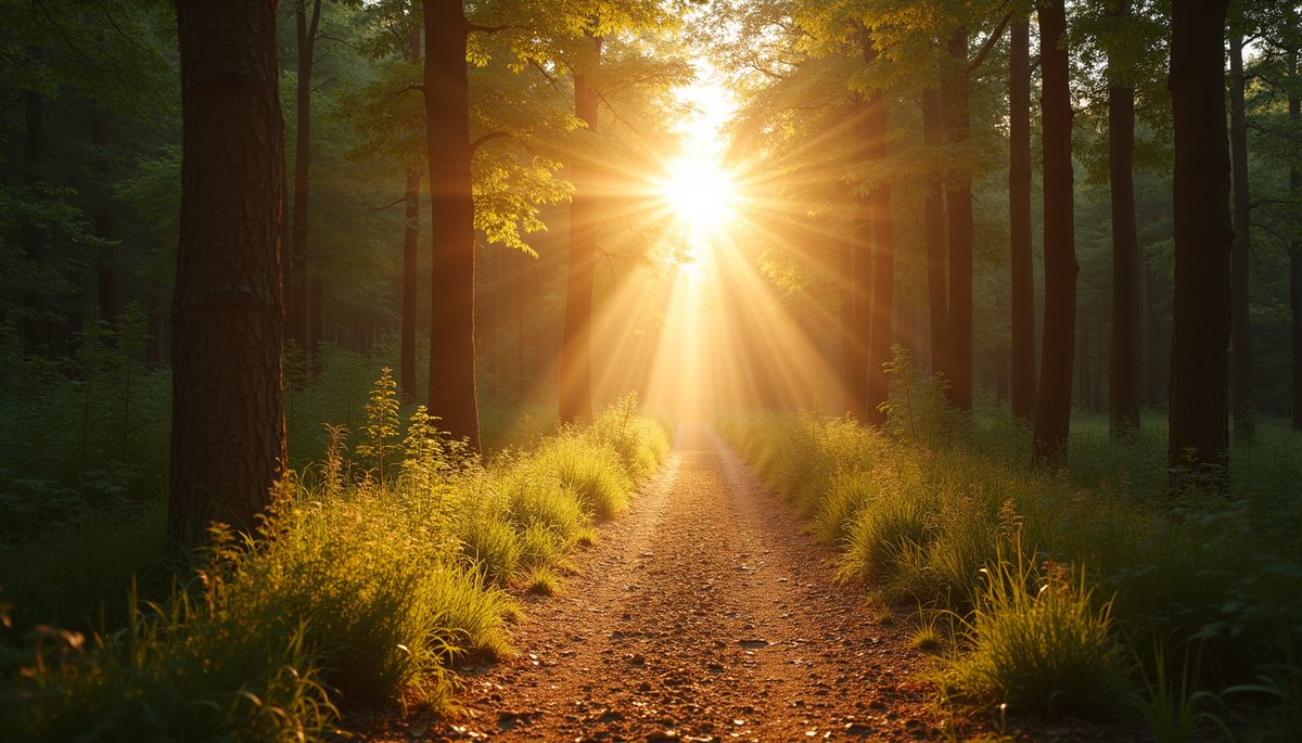 Eye-level view of a sunlit path winding through a peaceful forest