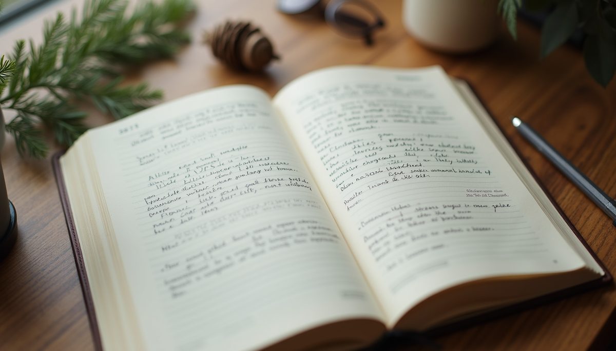 High angle view of an open journal with positive affirmations