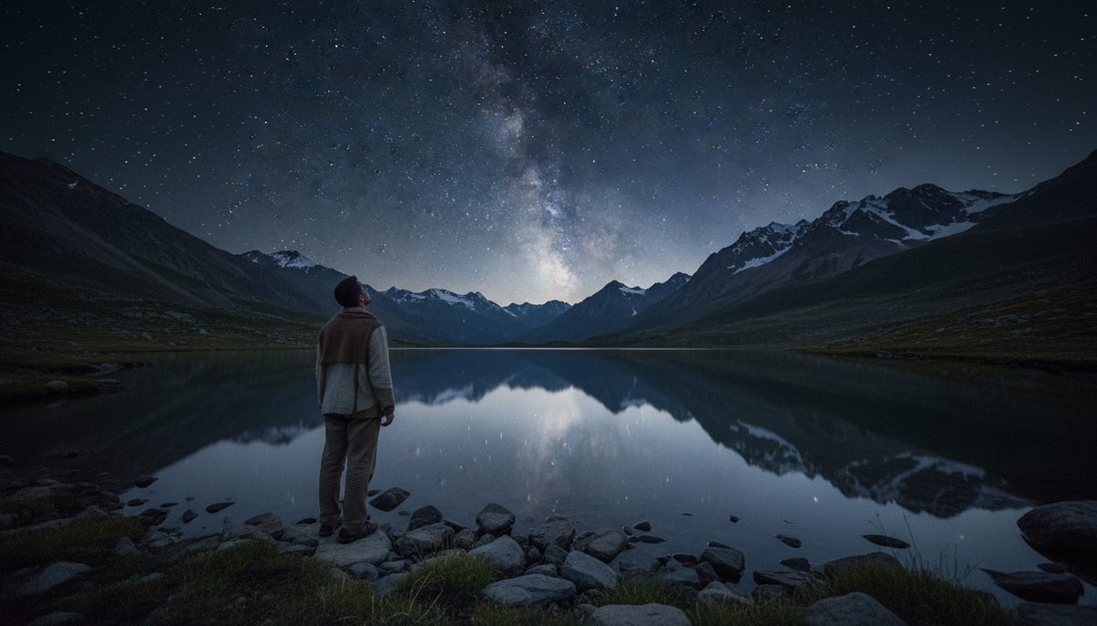 Wide-angle view of a person standing under a starry sky beside a quiet lake.