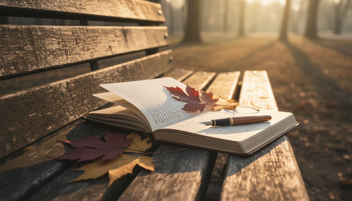 Close-up view of an open journal on a wooden bench with pressed leaves beside it.