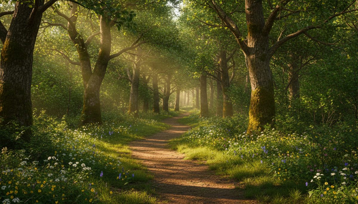 Eye-level view of a winding forest path with sunlight breaking through tall trees.