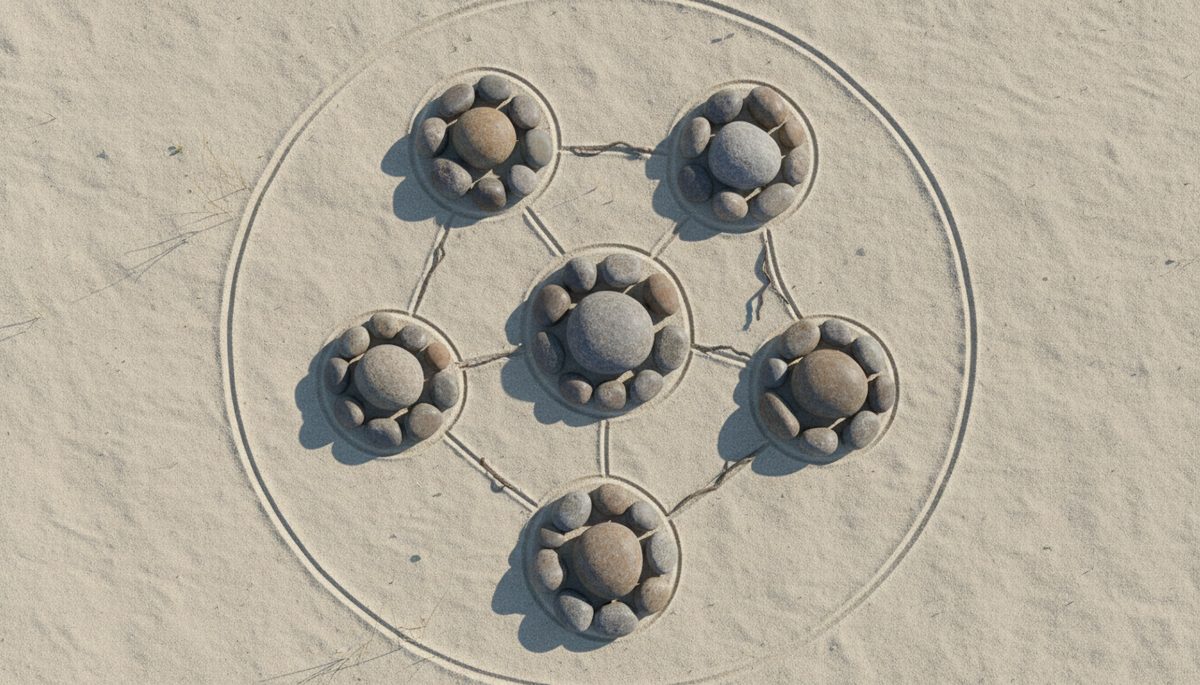 Overhead view of smooth stones arranged in connected circles on pale sand.