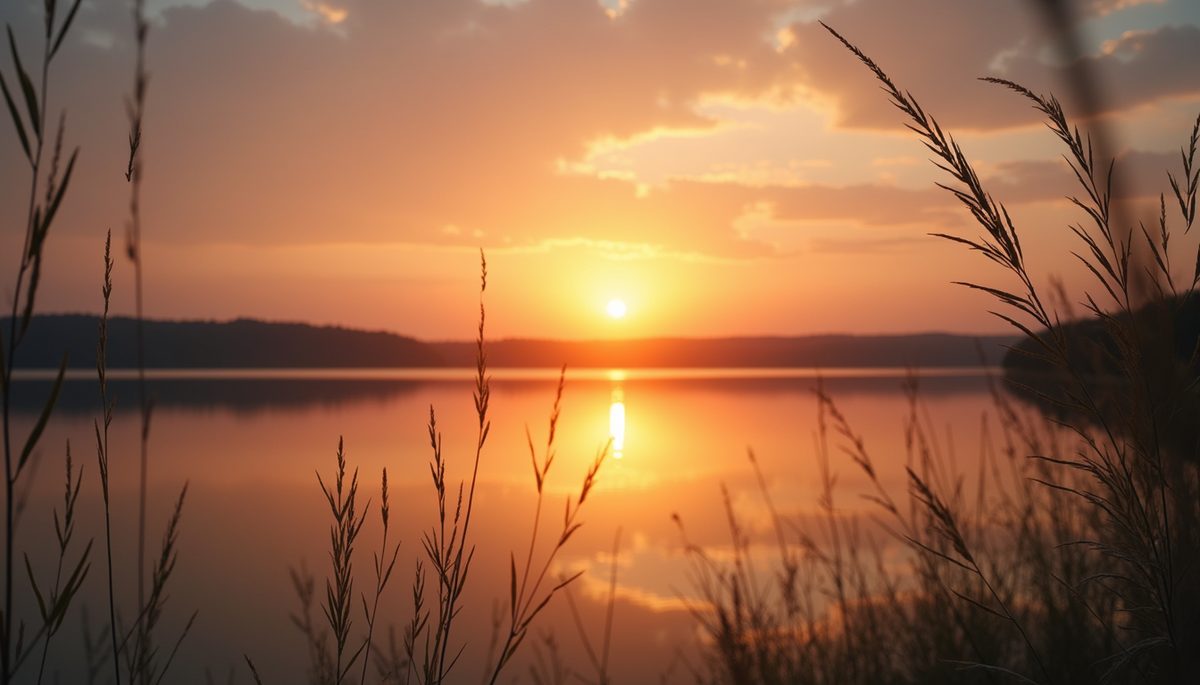 Eye-level view of a serene sunset over a calm lake