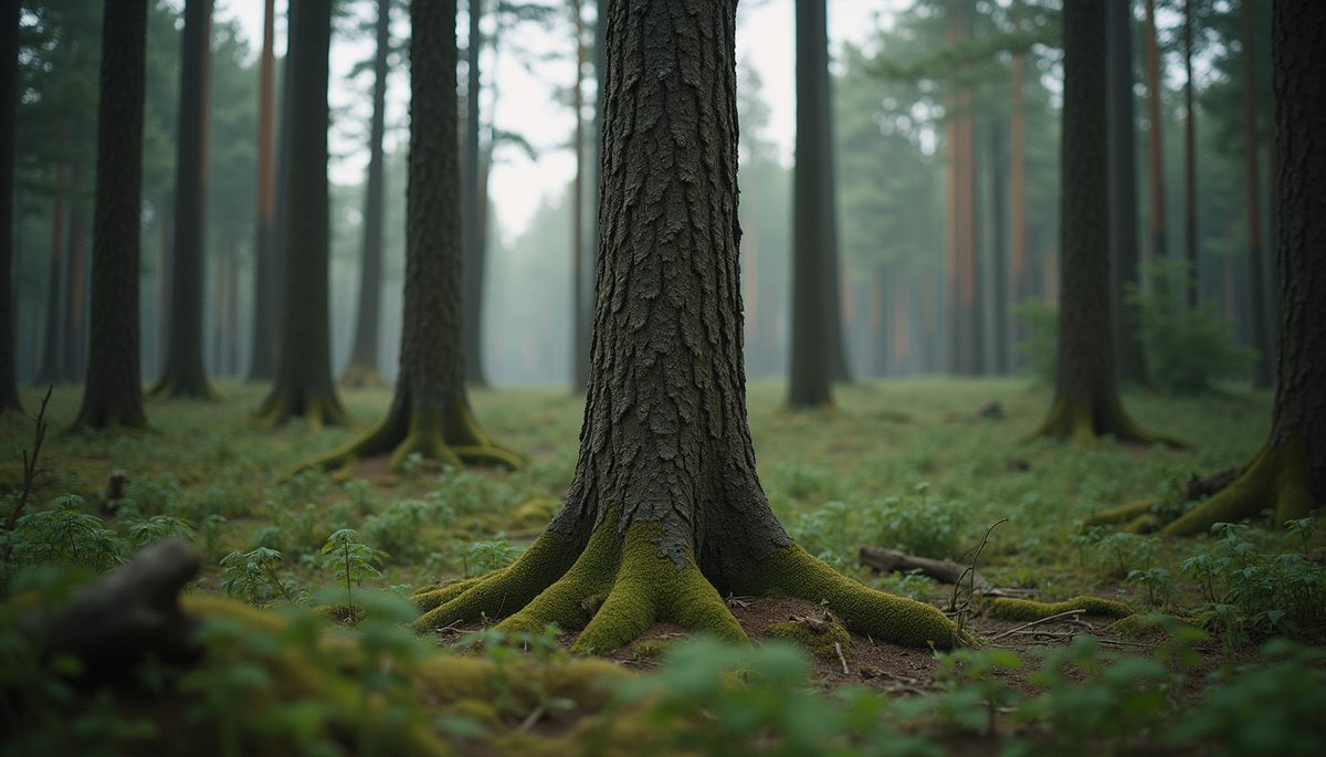 Close-up of a strong tree standing tall in the midst of a vast forest