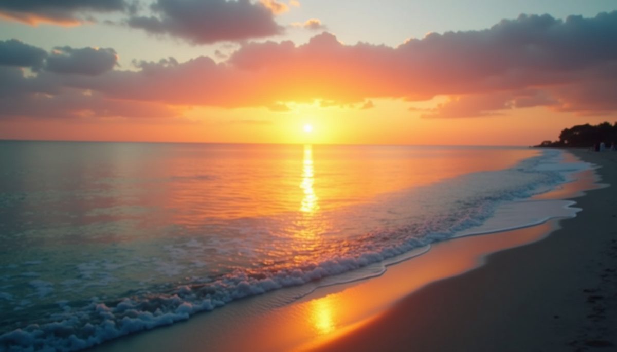 Wide angle view of a peaceful sunset over the ocean.