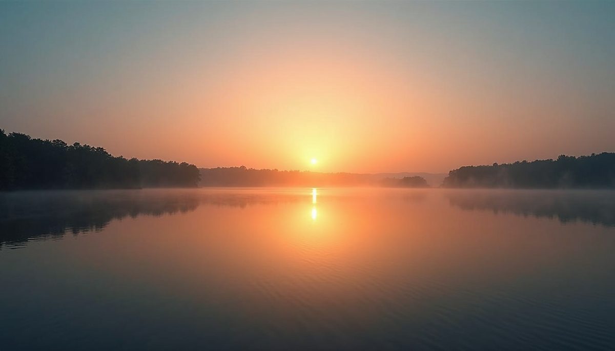 Wide angle view of a tranquil sunrise over a calm lake