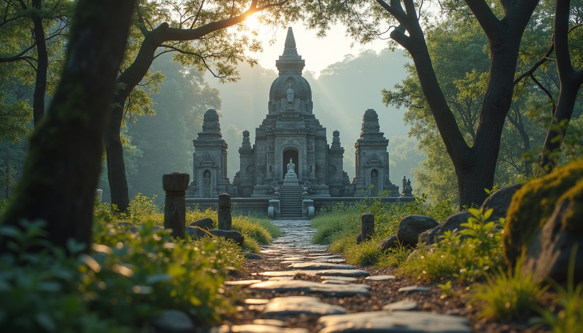 Eye-level view of an ancient stone prayer site surrounded by nature