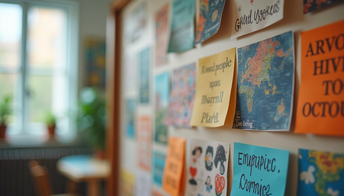 Eye-level view of a vision board filled with colorful images and inspiring words