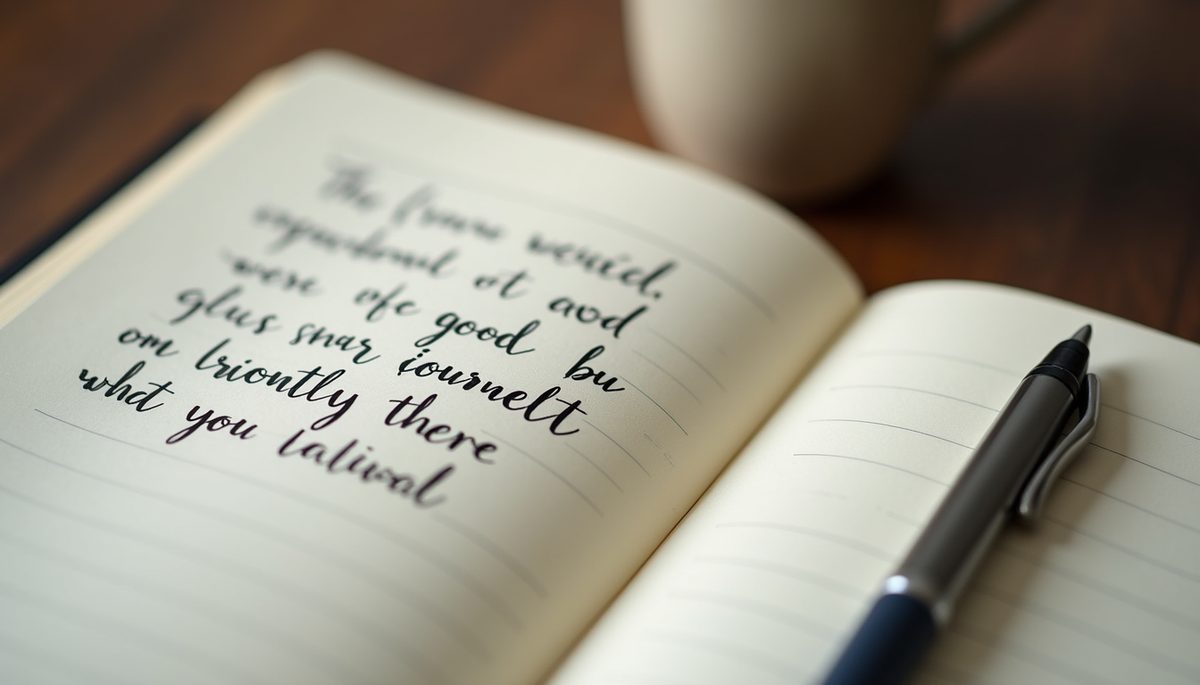 Close-up view of a journal with handwritten affirmations and a pen