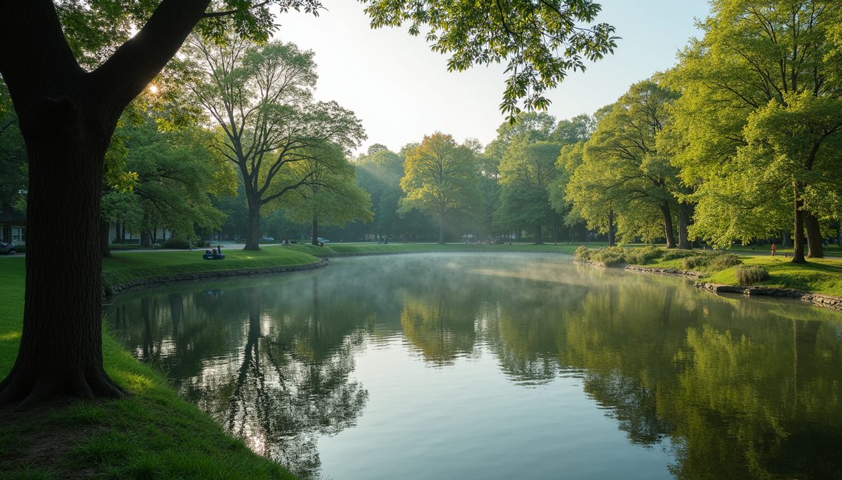 High angle view of a peaceful park with a serene pond