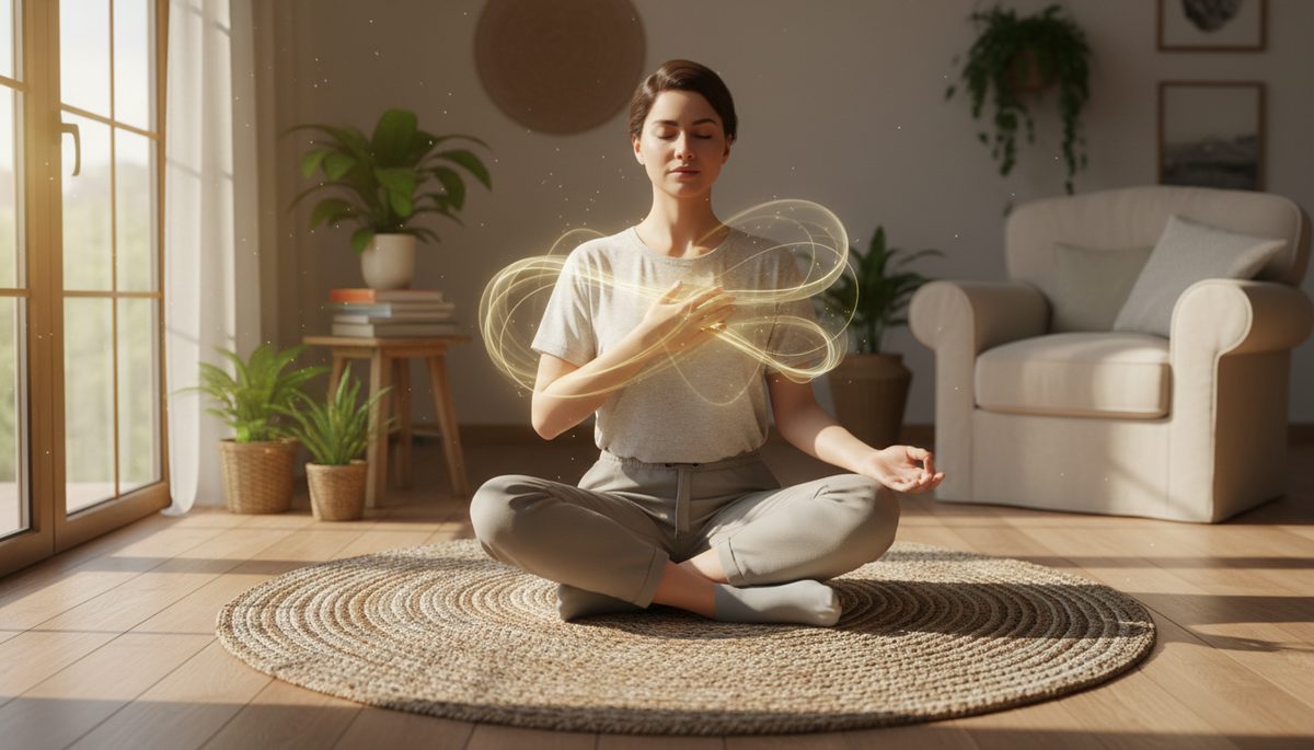 Wide-angle view of a person sitting calmly near a window with hands over the heart and soft light around the head