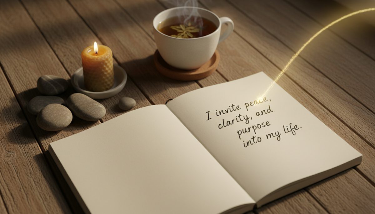 Close-up view of a notebook with a handwritten intention beside a small candle and smooth stones