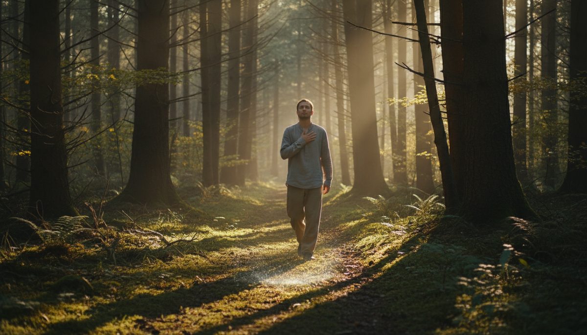 Eye-level view of a person walking on a quiet forest trail with morning sunlight through the trees