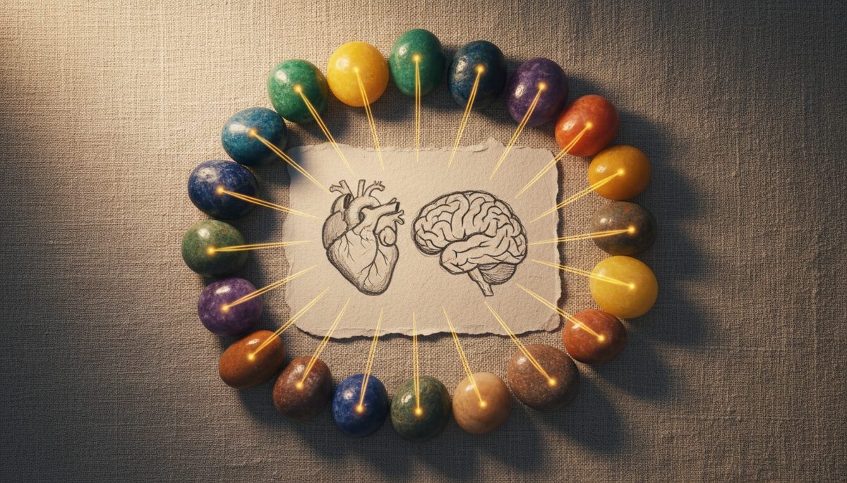 Overhead view of colorful stones arranged in a circle around a small drawing of a heart and brain