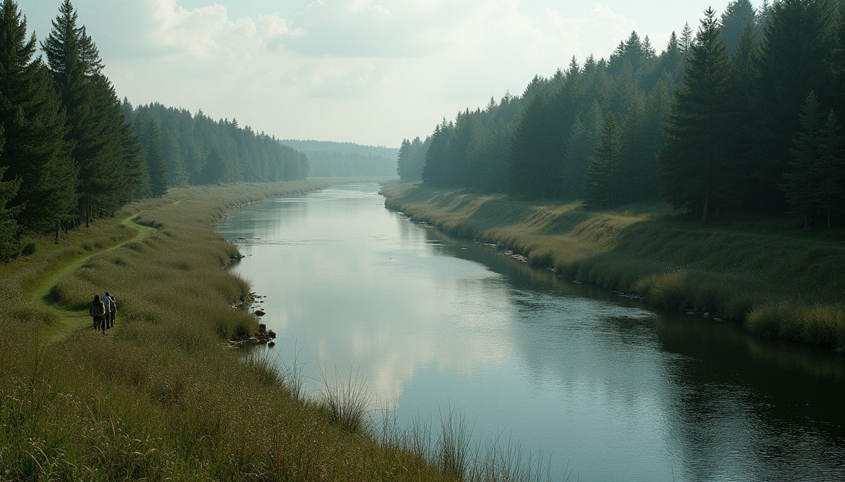 High angle view of a serene landscape with a gentle river