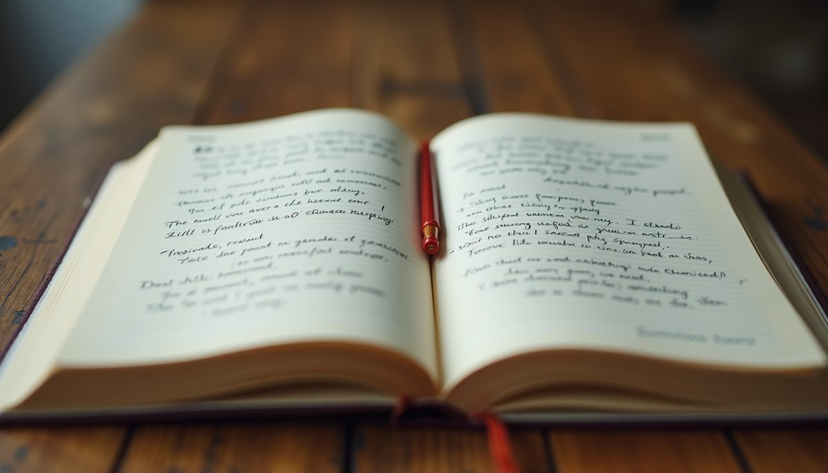 Close-up of a journal open with inspiring quotes and notes
