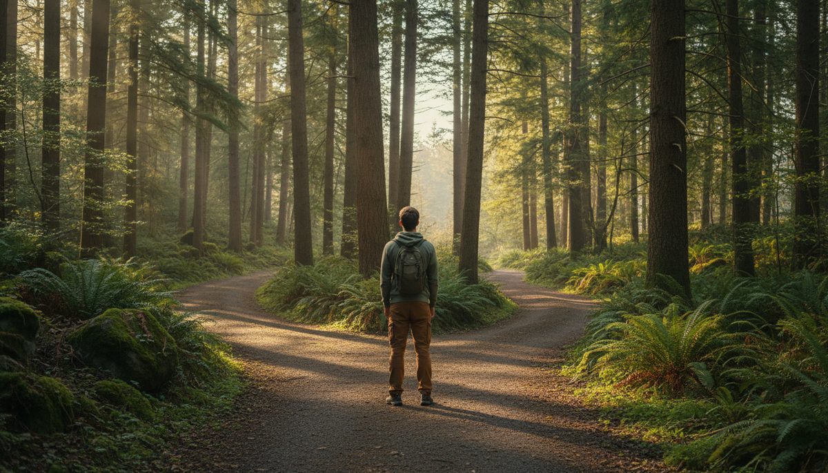 Wide-angle view of a person standing at a quiet fork in a forest trail.